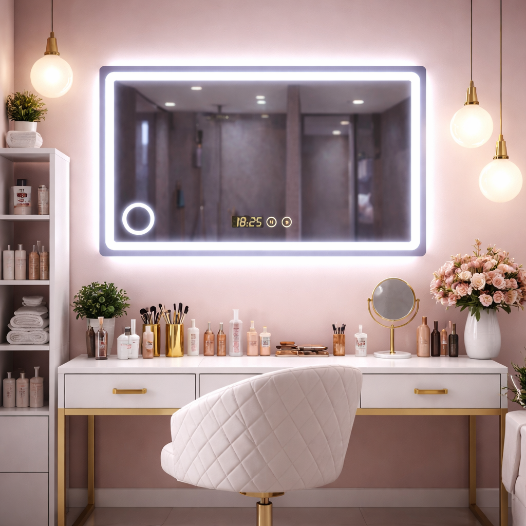 RESIGILAT - Oglindă LED premium, 90x70 cm, iluminare reglabila, lupa, touch, dezaburire, ceas Imagine principală a produsului