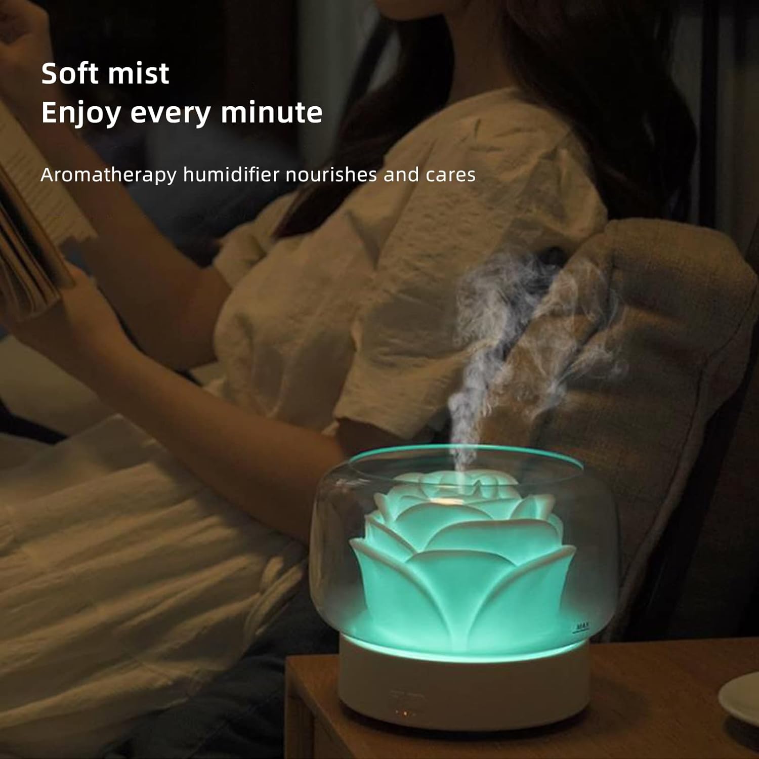 Umidificator pentru camera in forma de trandafir 400ml, lumina de noapte LED in 7 Culori, Alb