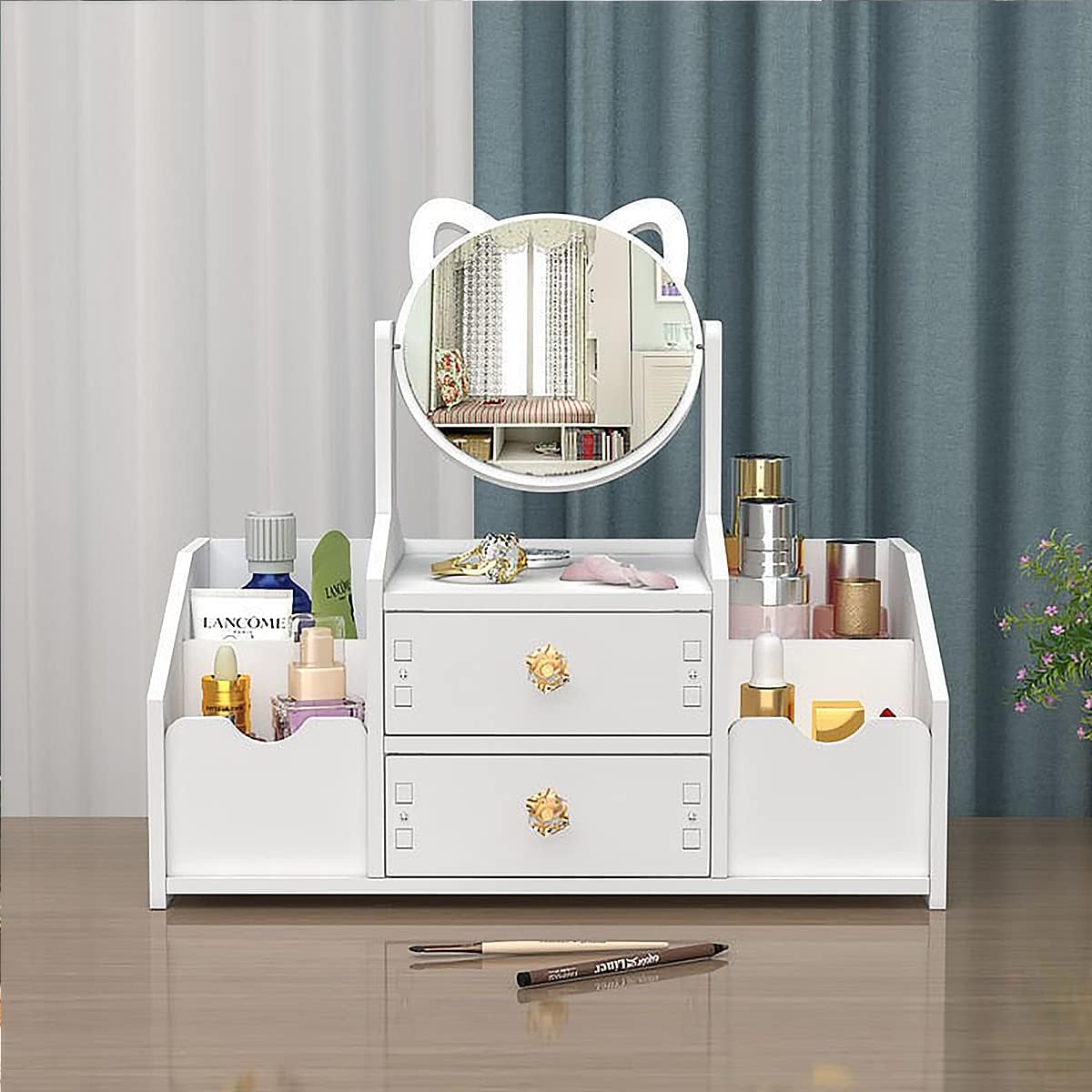 Organizator alb pentru cosmetice și bijuterii, cu sertare si Oglindă, PVC 40 x 20 x 14 cm