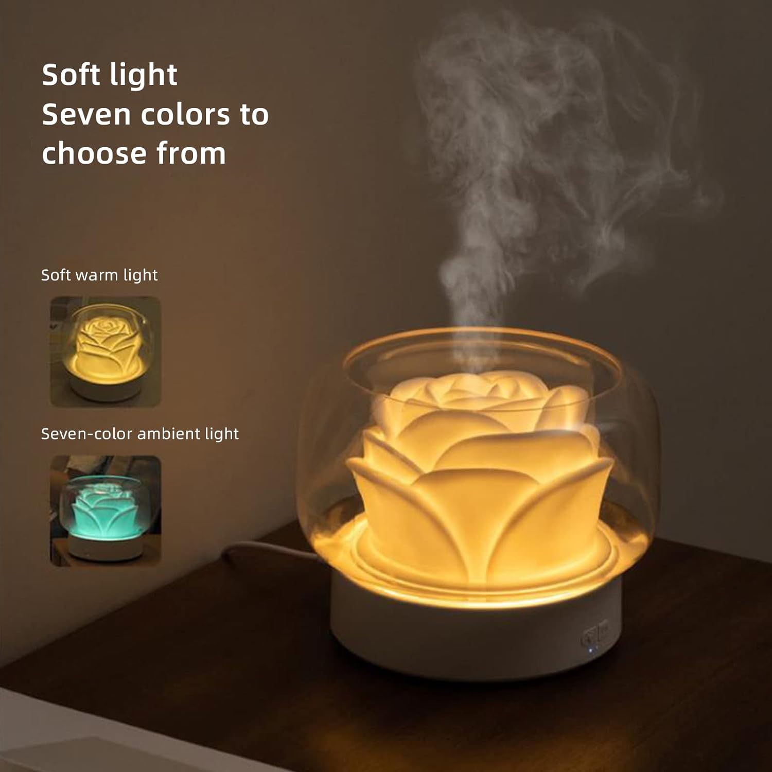 Umidificator pentru camera in forma de trandafir 400ml, lumina de noapte LED in 7 Culori, Alb