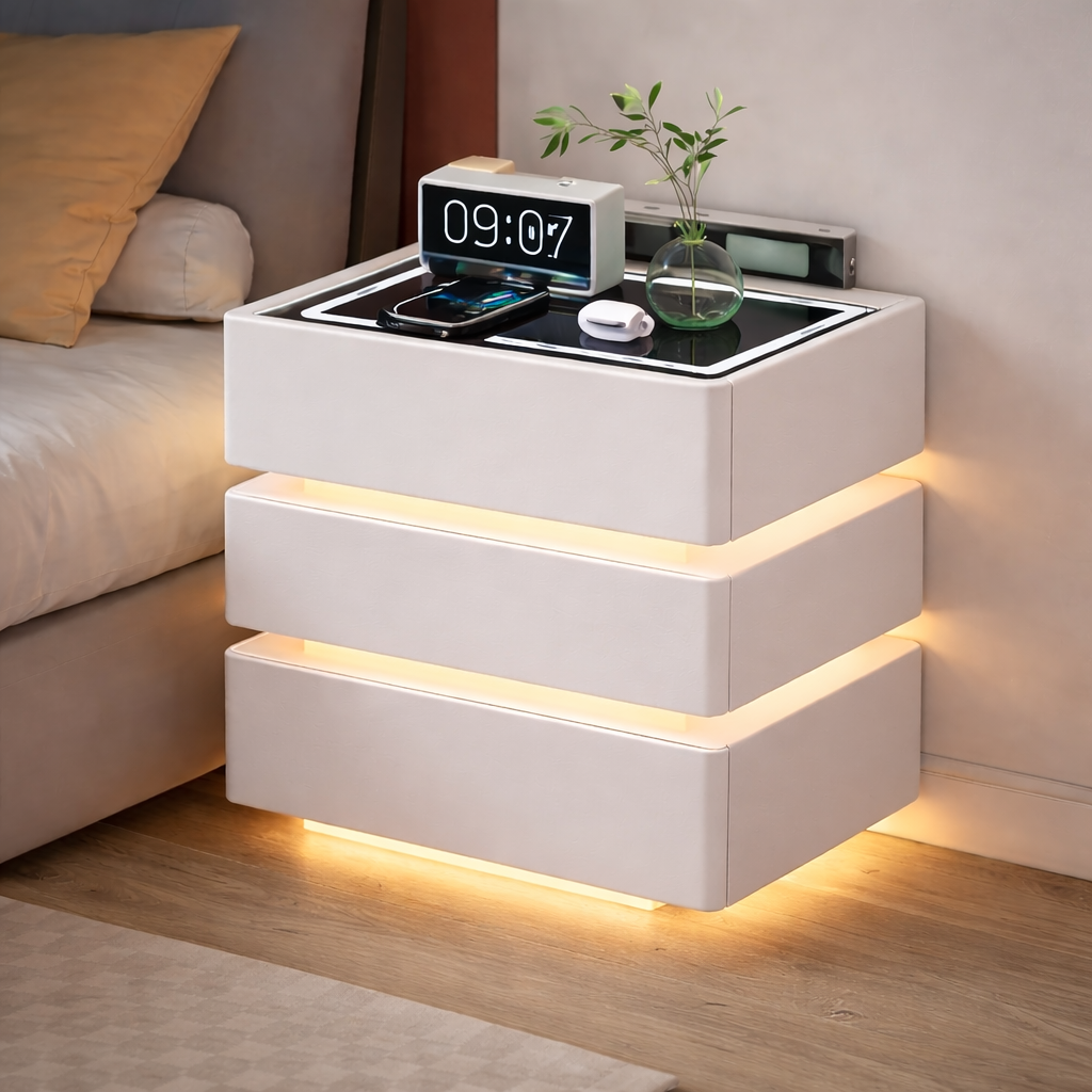 Noptiera inteligenta multifunctionala cu 3 sertare, LED tactil 3 culori, incarcare wireless Imagine principală a produsului