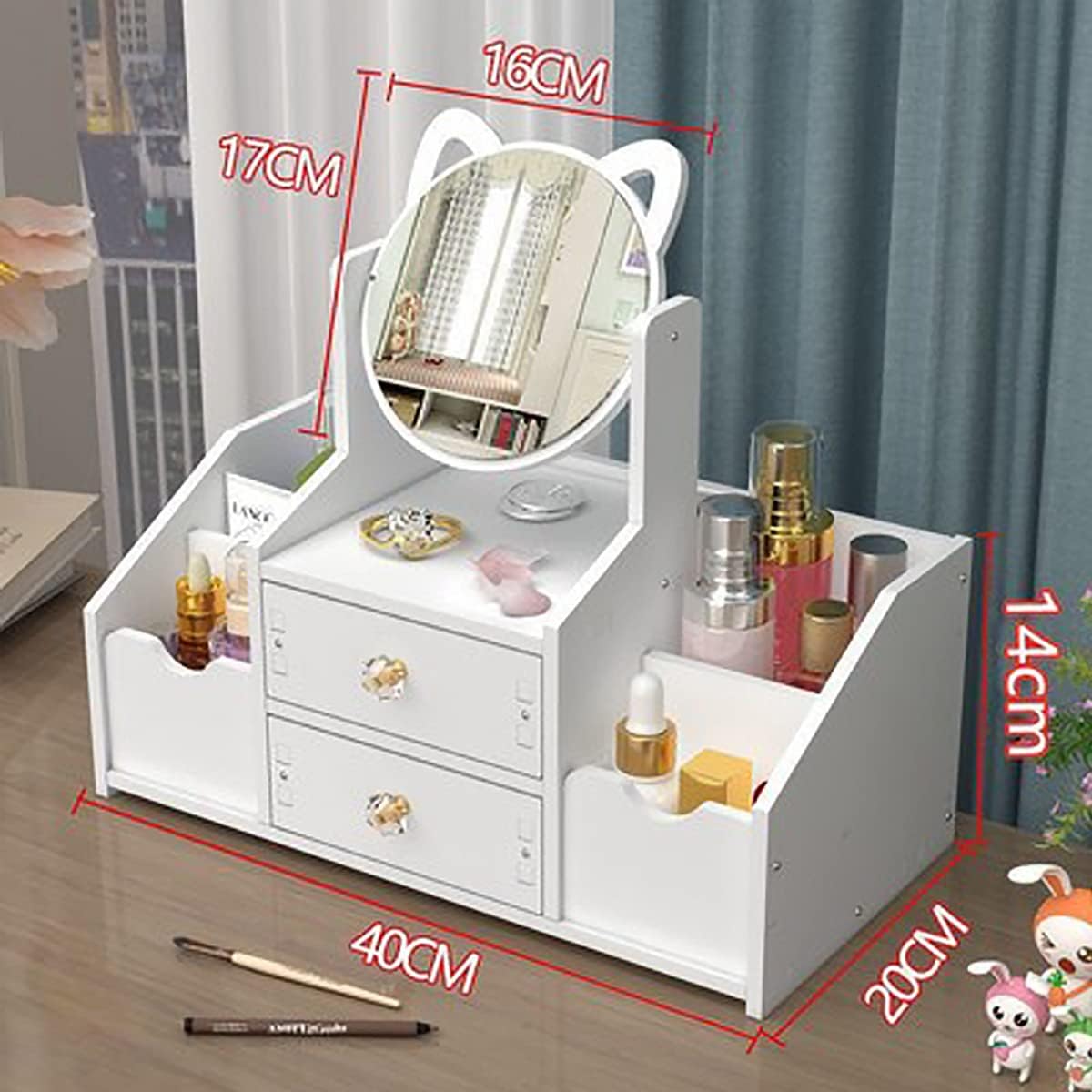 Organizator alb pentru cosmetice și bijuterii, cu sertare si Oglindă, PVC 40 x 20 x 14 cm