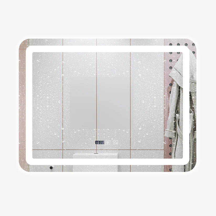 Oglindă LED pentru baie 60x80 cm, sistem Dezaburire, Senzor Touch, Ceas, Trei Tipuri de Lumina