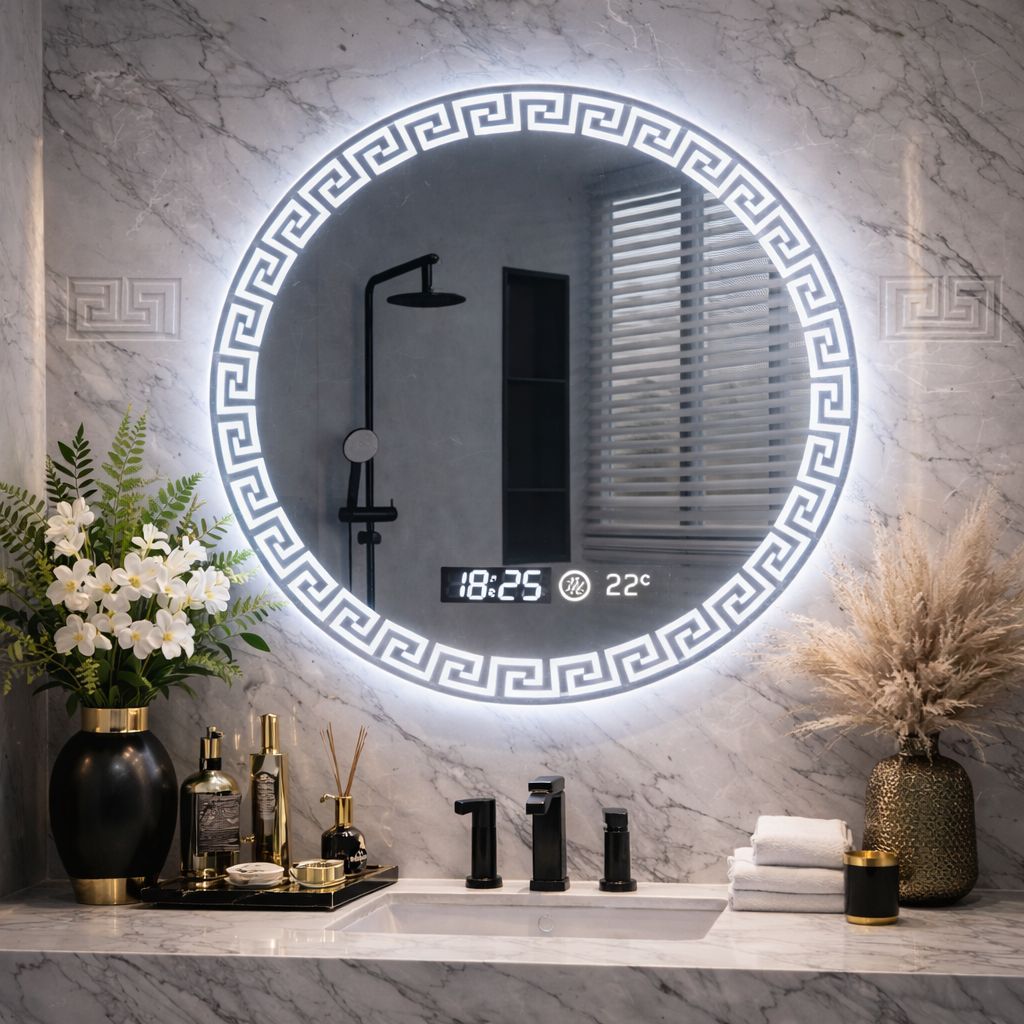 Oglindă LED baie cu iluminare ambientala, functie anti-aburire, ceas si temperatura, 60 cm Imagine principală a produsului