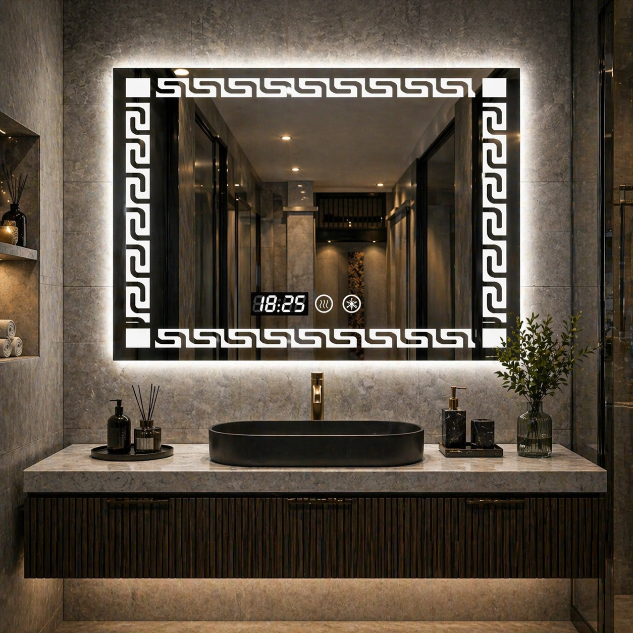 Oglindă LED Premium pentru Baie 80x60 cm Iluminare 3 Culori Ceas si Antiaburire Imagine secundară a produsului