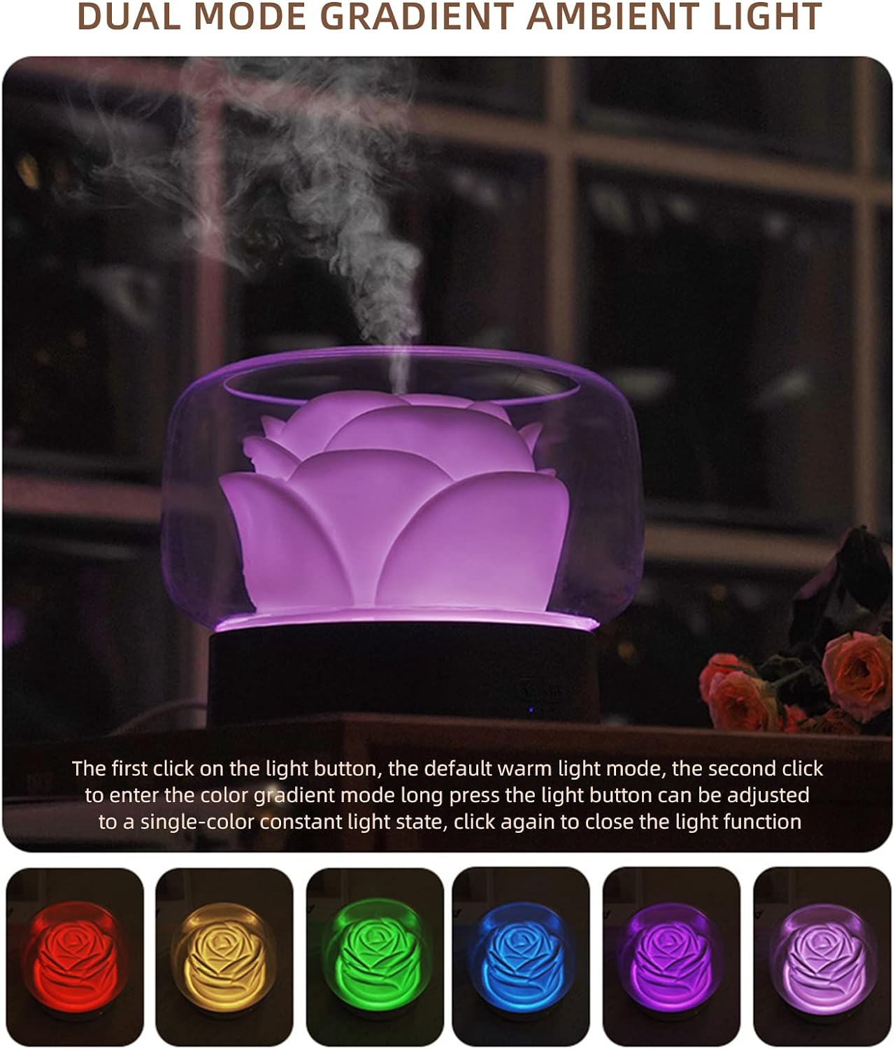 Umidificator pentru camera in forma de trandafir 400ml, lumina de noapte LED in 7 Culori, Alb
