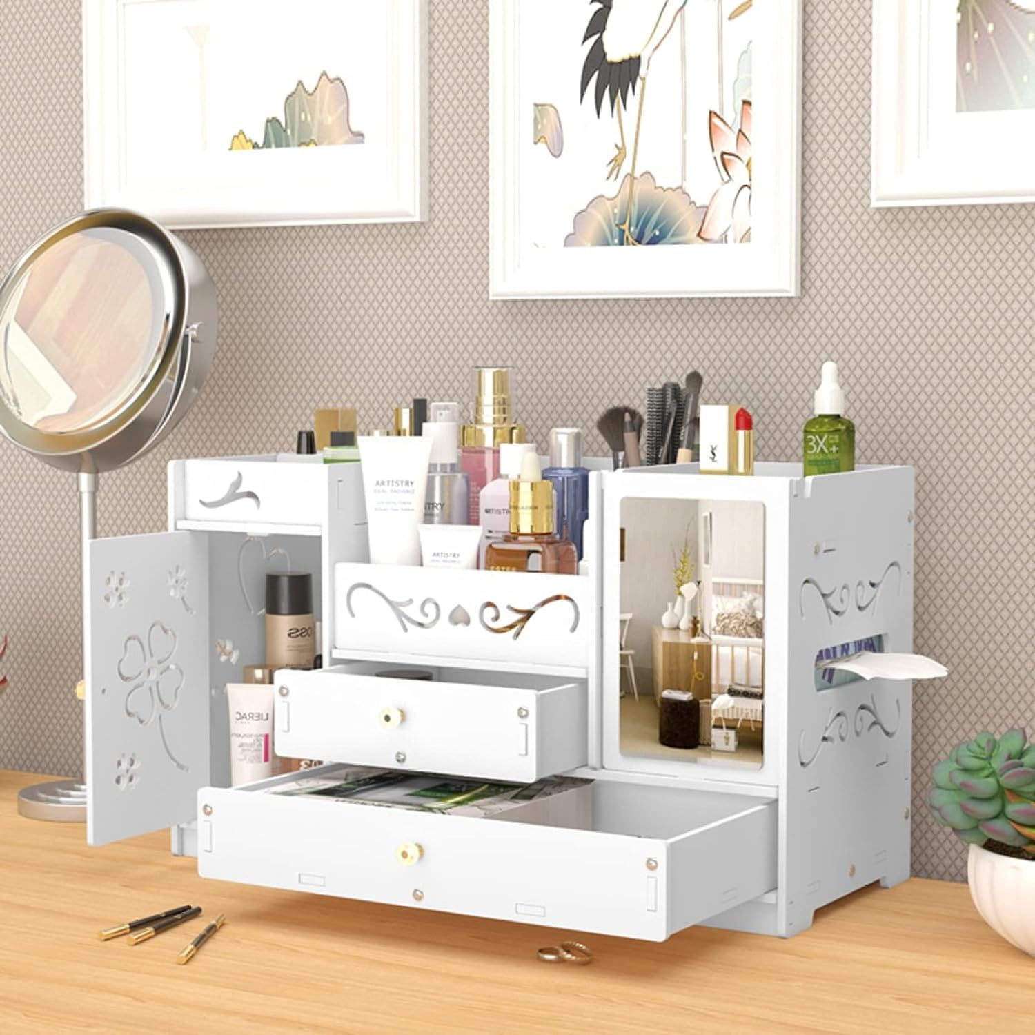 Organizator cosmetice si bijuterii cu sertare si Oglindă machiaj, PVC, alb Imagine secundară a produsului