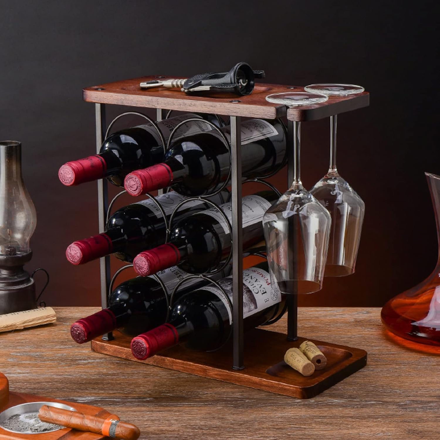 Suport de Vin Premium din Lemn - Raft elegant independent pentru 9 Sticle, organizator pe 3 nivele cu tava Imagine principală a produsului