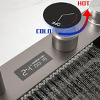 Chiuveta Bucătărie Multifunctionala Negru Grafit cu 2 Cascade, Robinet Cascada, Afisaj Digital Temperatura