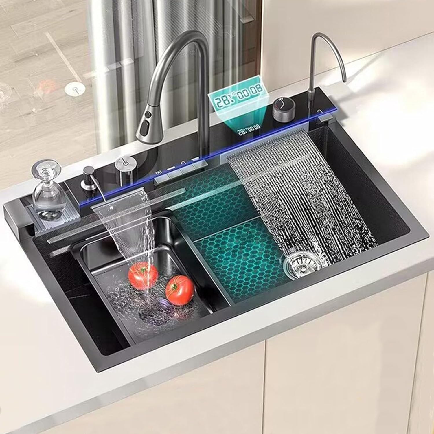 Chiuveta Bucătărie Multifunctionala Negru Grafit cu 2 Cascade, Robinet Cascada, Afisaj Digital Temperatura Imagine secundară a produsului