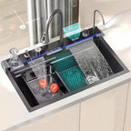 Chiuveta Bucătărie Multifunctionala Negru Grafit cu 2 Cascade, Robinet Cascada, Afisaj Digital Temperatura