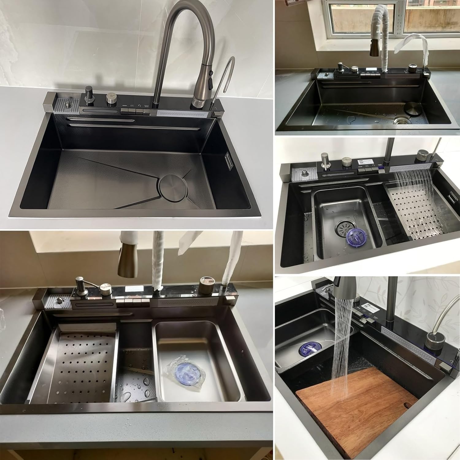 Chiuveta Bucătărie Multifunctionala Negru Grafit cu 2 Cascade, Robinet Cascada, Afisaj Digital Temperatura
