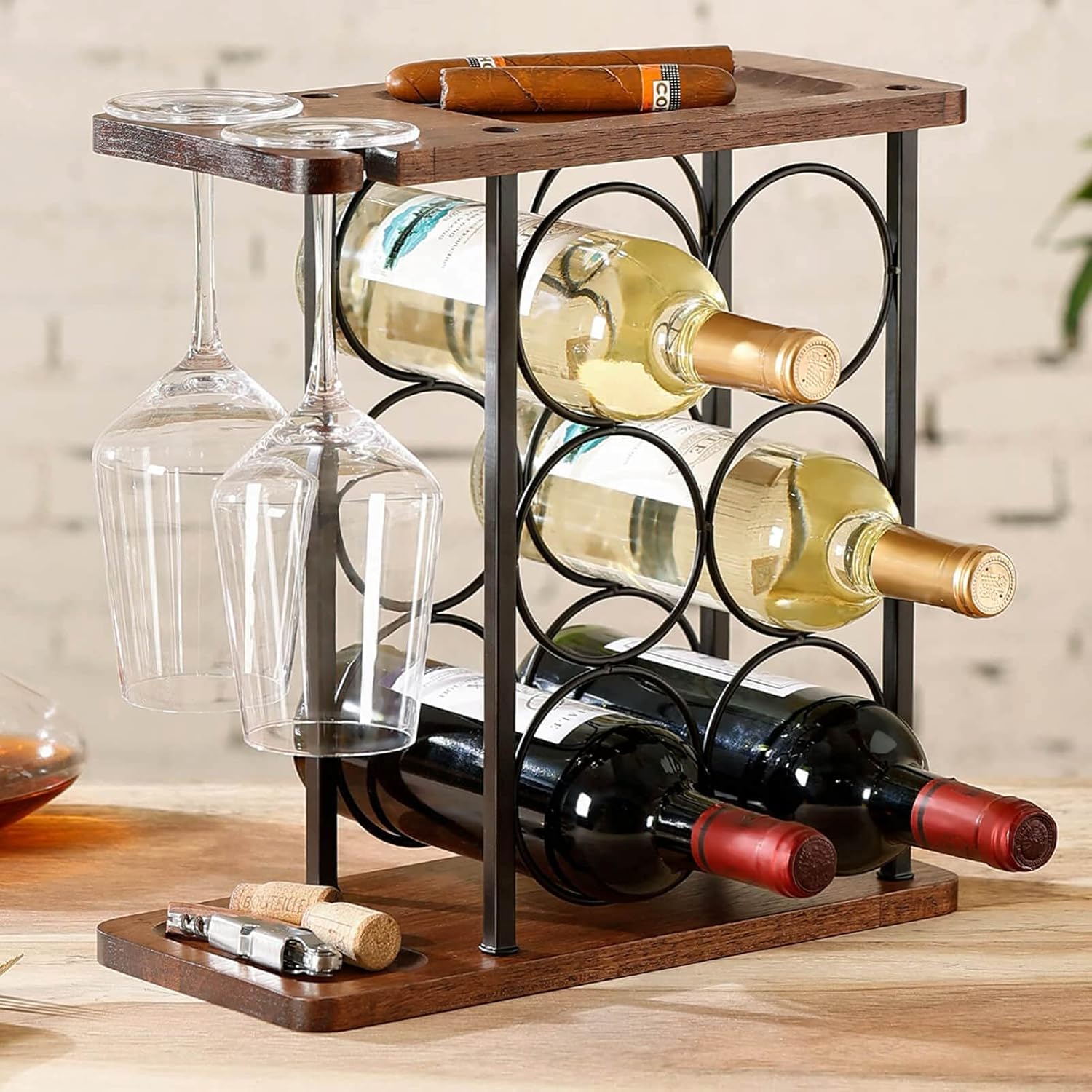 Suport de Vin Premium din Lemn - Raft elegant independent pentru 9 Sticle, organizator pe 3 nivele cu tava Imagine secundară a produsului