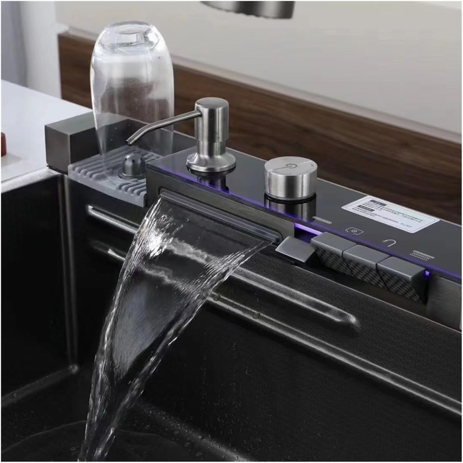 Chiuveta Bucătărie Multifunctionala Negru Grafit cu 2 Cascade, Robinet Cascada, Afisaj Digital Temperatura