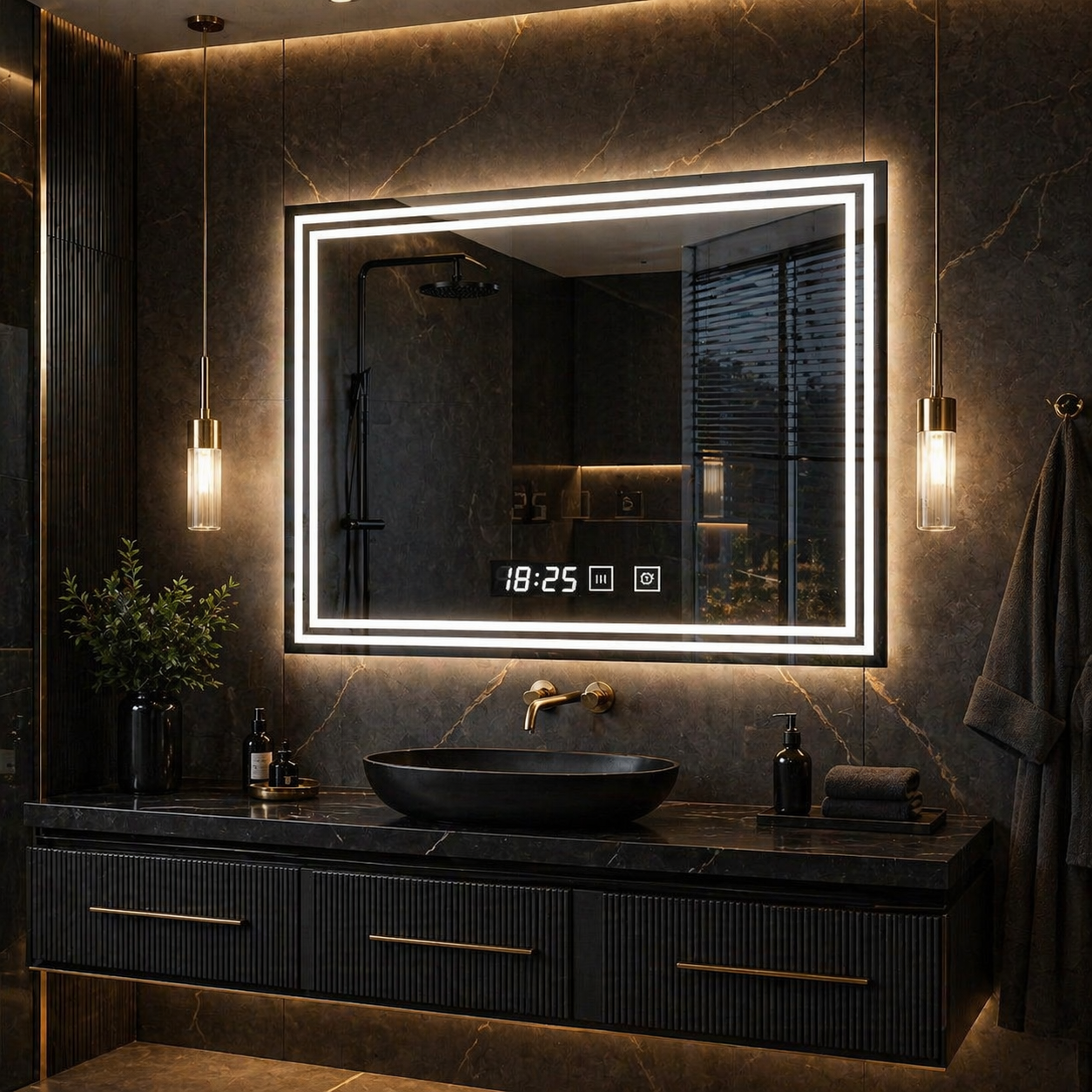 Oglindă LED moderna 80x60 cm cu 2 benzi integrate, touch, dezaburire si ceas digital