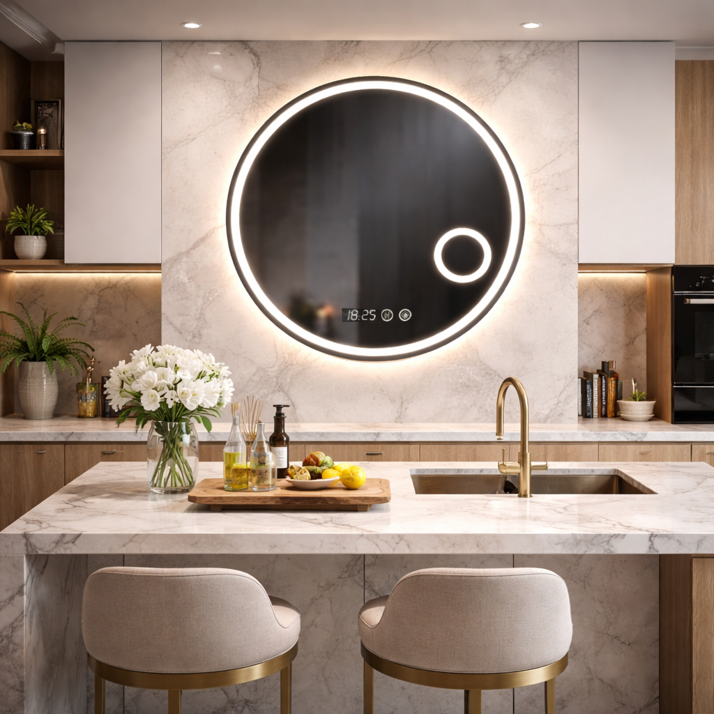 Oglindă LED Rotunda 70 cm cu Ceas, Dezaburire si Lupa Cosmetica Imagine secundară a produsului