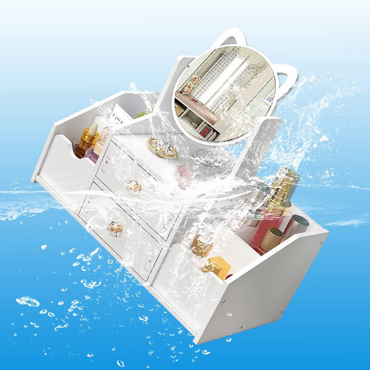Organizator alb pentru cosmetice și bijuterii, cu sertare si Oglindă, PVC 40 x 20 x 14 cm