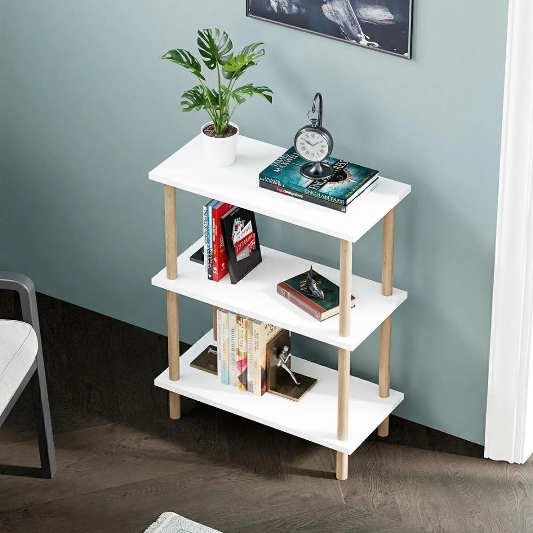 Etajera decorativa cu 3 rafturi si picioare din lemn – ideala ca biblioteca sau masuta laterala Imagine principală a produsului
