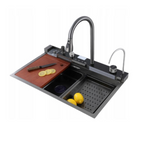 Chiuveta Bucătărie Multifunctionala Negru Grafit cu 2 Cascade, Robinet Cascada, Afisaj Digital Temperatura