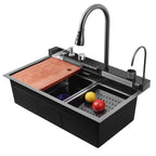 Chiuveta Bucătărie Multifunctionala Negru Grafit cu 2 Cascade, Robinet Cascada, Afisaj Digital Temperatura