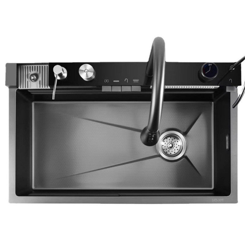 Chiuveta Bucătărie Multifunctionala Negru Grafit cu 2 Cascade, Robinet Cascada, Afisaj Digital Temperatura