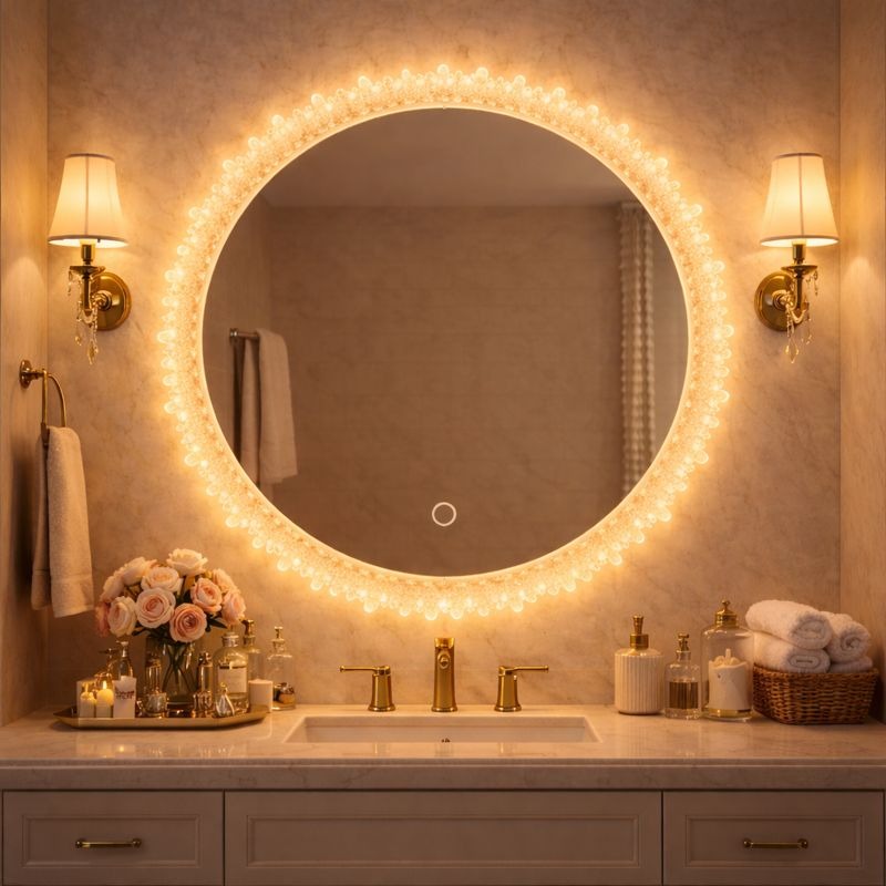 Oglindă baie LED rotunda 55 cm cu buton touch si iluminare perimetrala Imagine principală a produsului