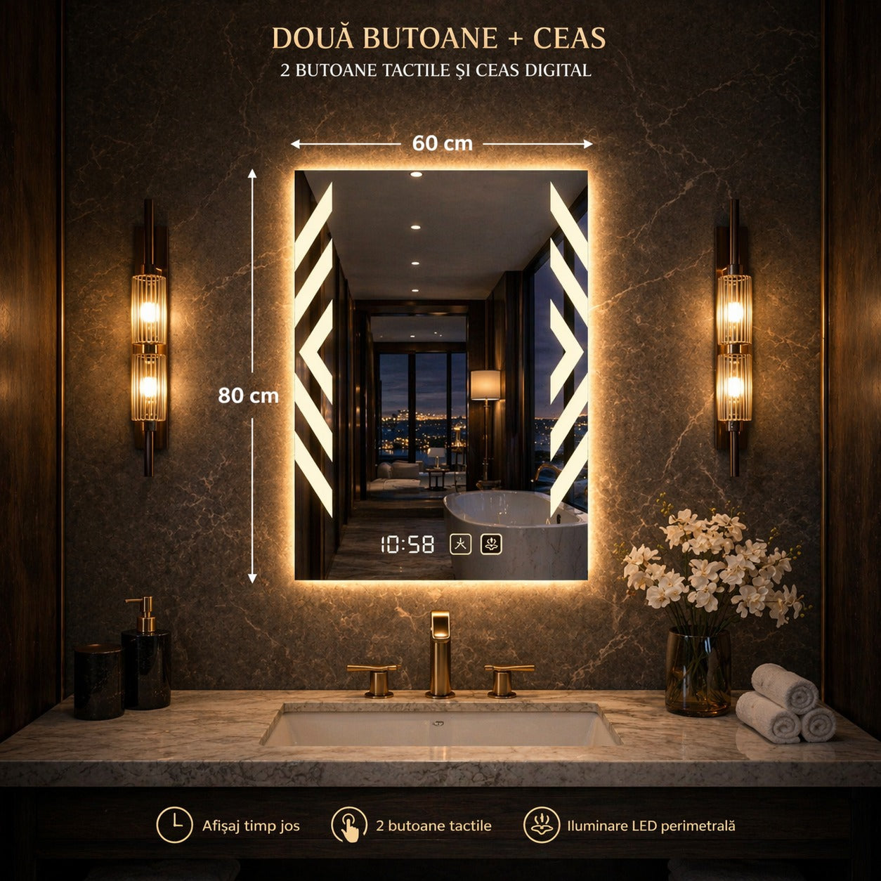 Oglindă LED Baie 60x80 cm cu Touch, Dezaburire, Ceas Digital si Iluminare 3 Culori