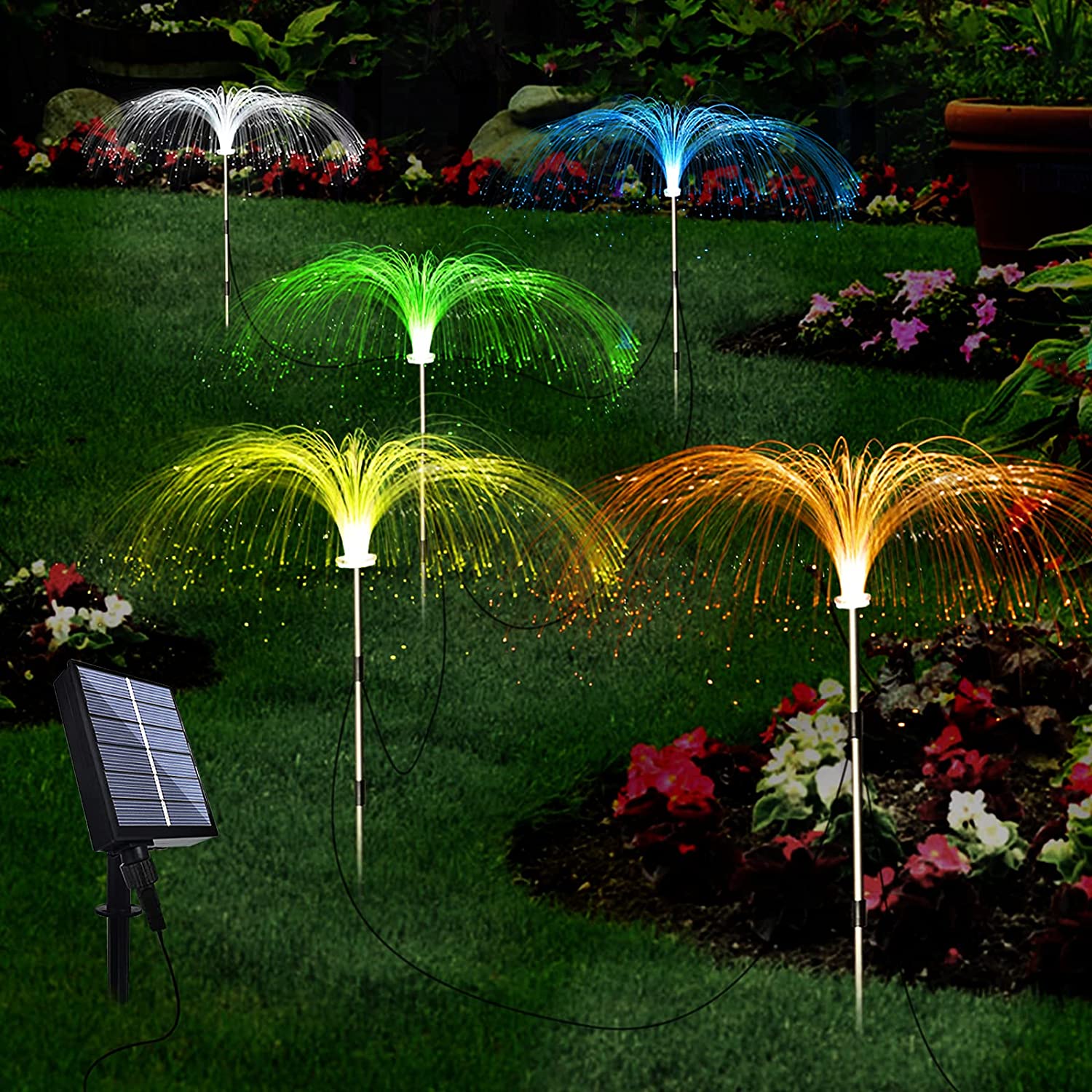 Set 2 x Lampă solara tip palmier cu fibra optica LED RGB, pentru gradina
