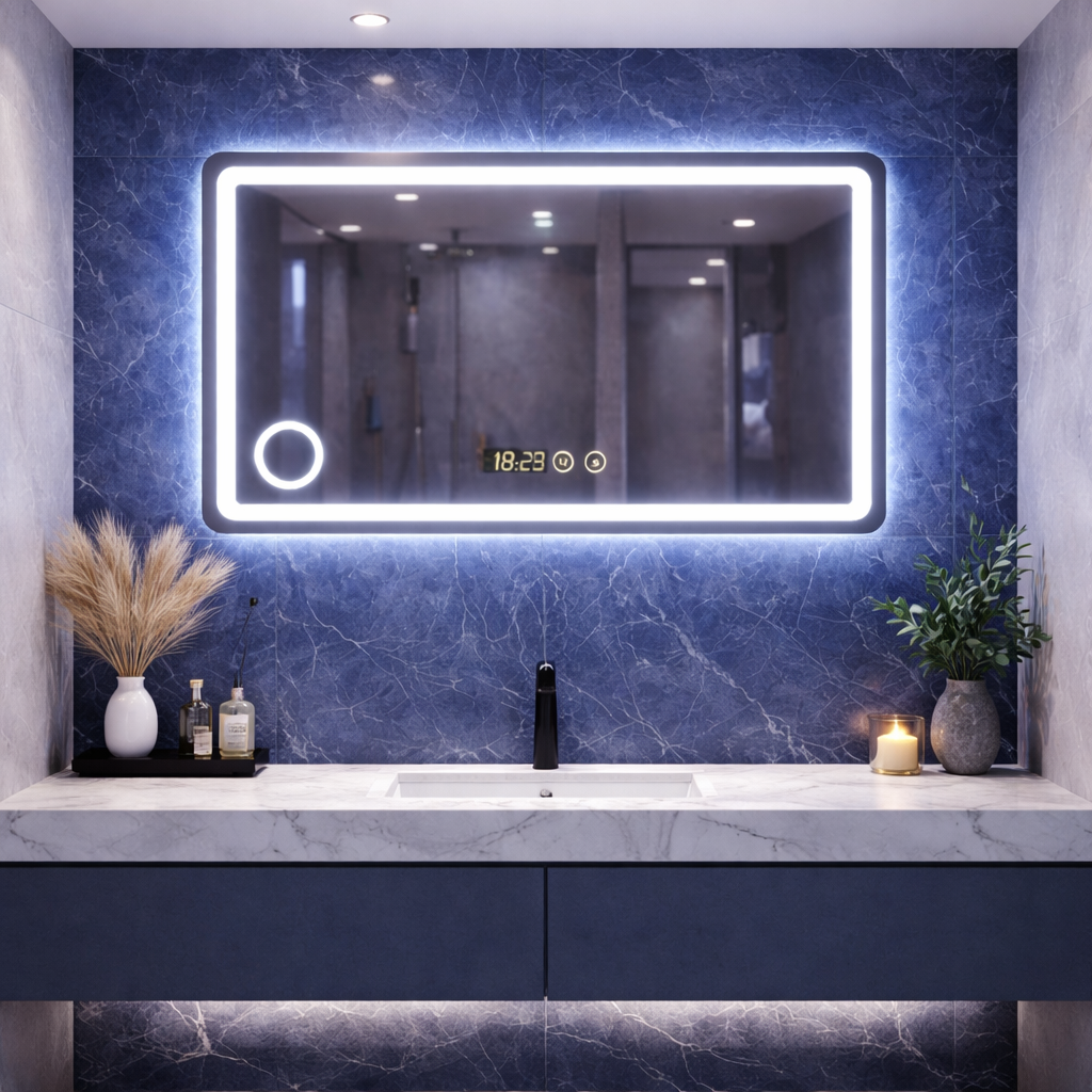 Oglindă LED premium, 90x70 cm, iluminare reglabila, lupa, touch, dezaburire, ceas Imagine secundară a produsului