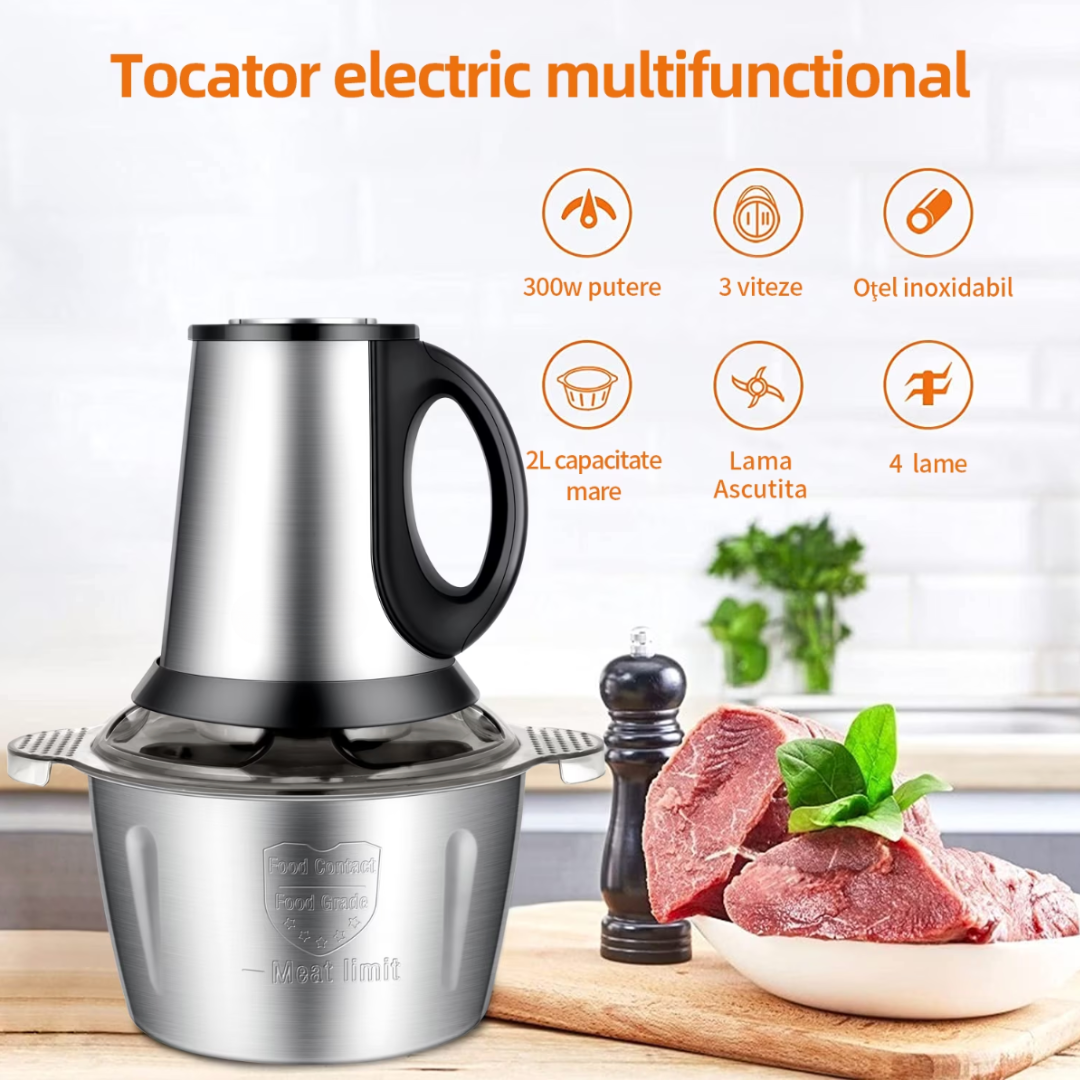 Tocator electric carne si legume, 4 lame inox, 2 viteze, capacitate mare, bol inox Imagine secundară a produsului