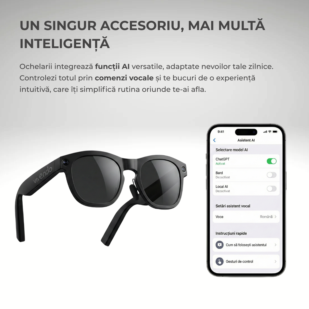 Ochelari Smart VIVENDO SMART GLASSES, Camera 1080P Full HD, AI Integrat
