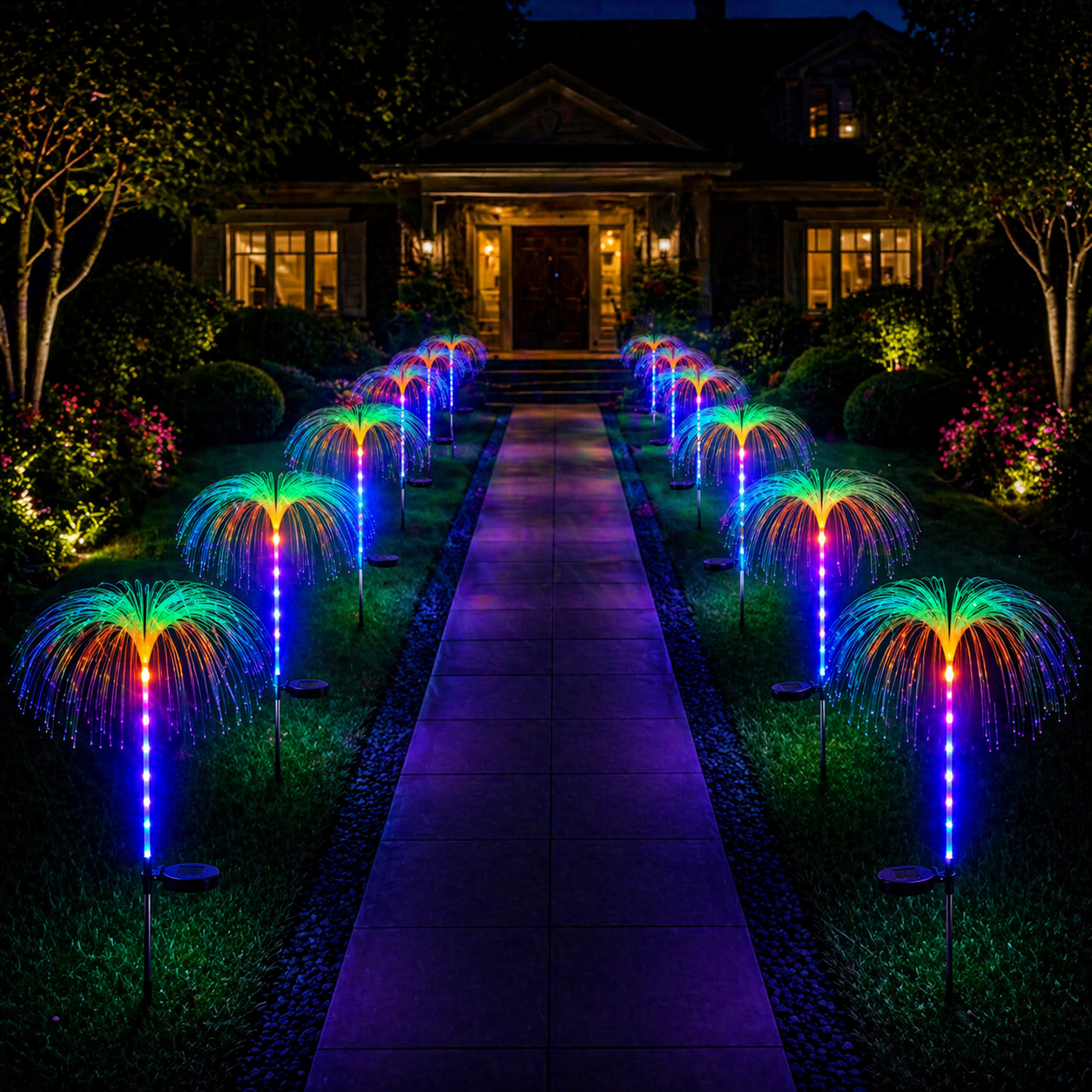 Set 2 x Lampi solare cu fibra optica tip palmier Iluminare decorativa RGB