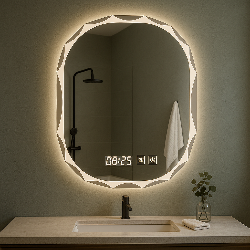 Oglindă Baie LED Ovală cu Senzor Touch, Dezaburire si Ceas – Design Modern 80 x 60 cm Imagine principală a produsului