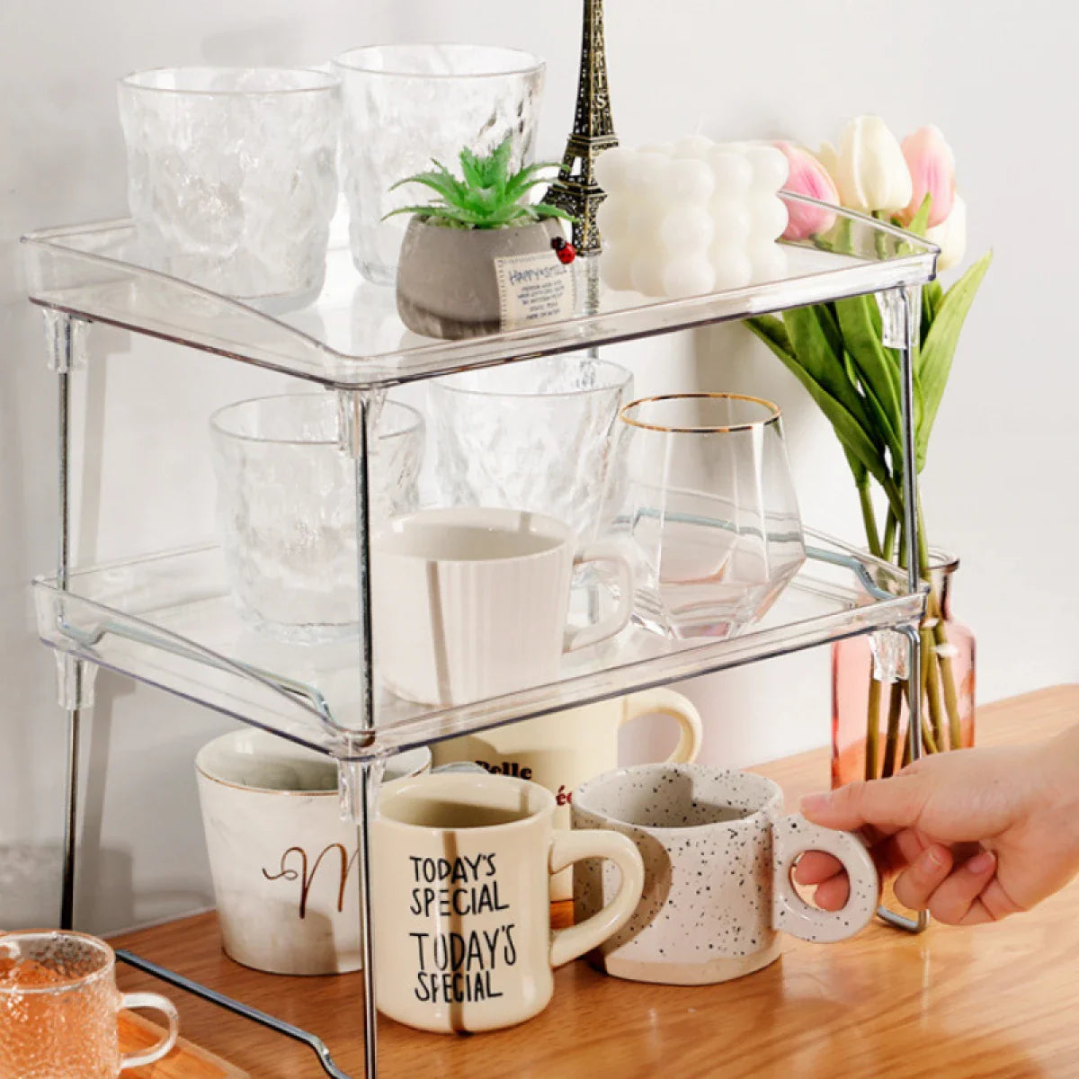 Organizator pliabil pentru Bucătărie, sistem de stivuire, picioare inox, 29 x 21 x 16 cm, transparent
