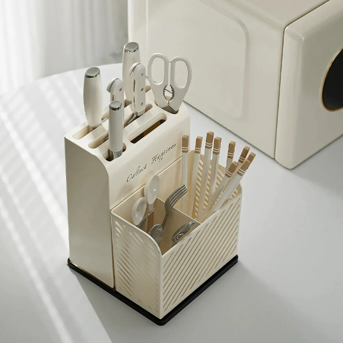 Suport ustensile Bucătărie, recipient cutite, 3 compartimente, plastic, 21 x 16 x 15 cm, alb Imagine secundară a produsului
