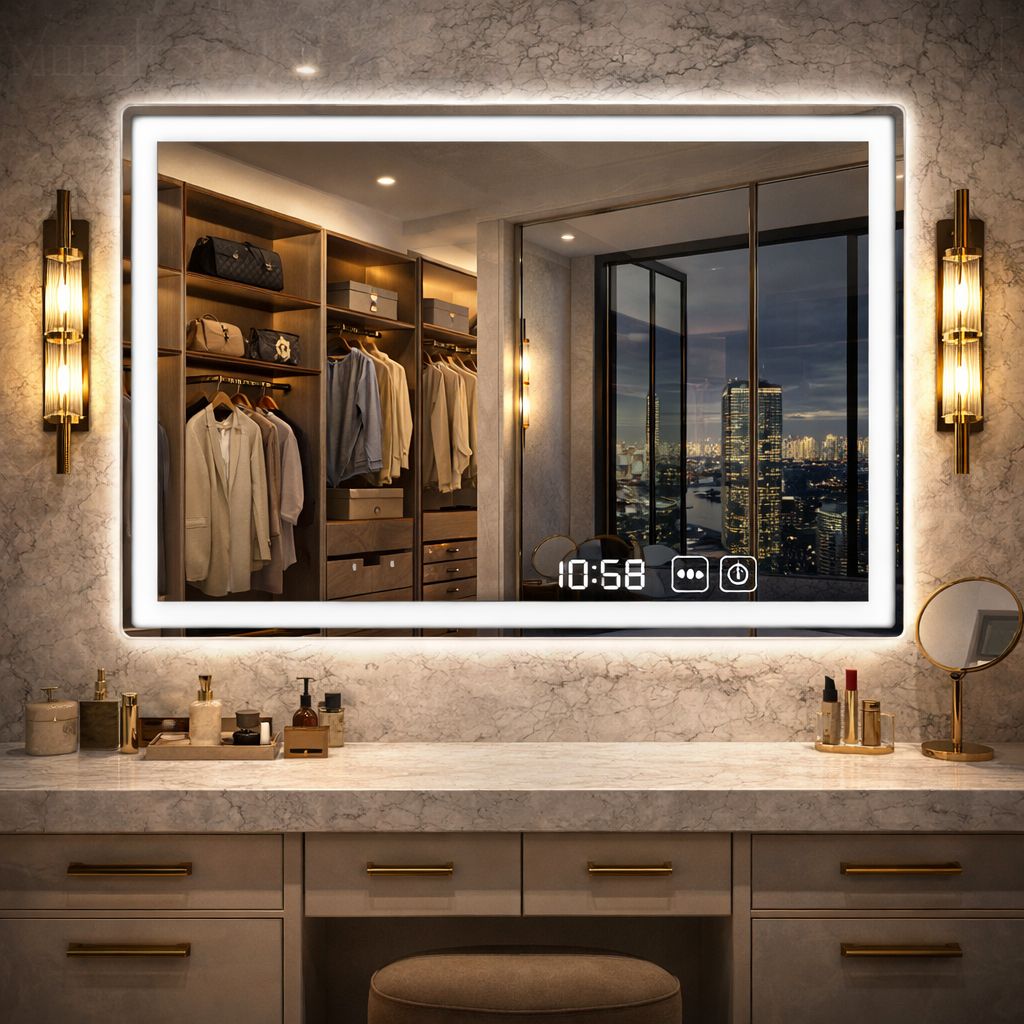 Oglindă LED 90 x 70 cm cu Afisaj Digital si Dezaburire – Design Modern pentru Baie
