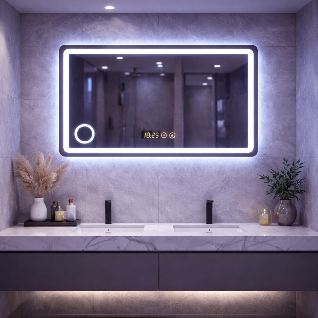 Oglindă LED premium, 90x70 cm, iluminare reglabila, lupa, touch, dezaburire, ceas