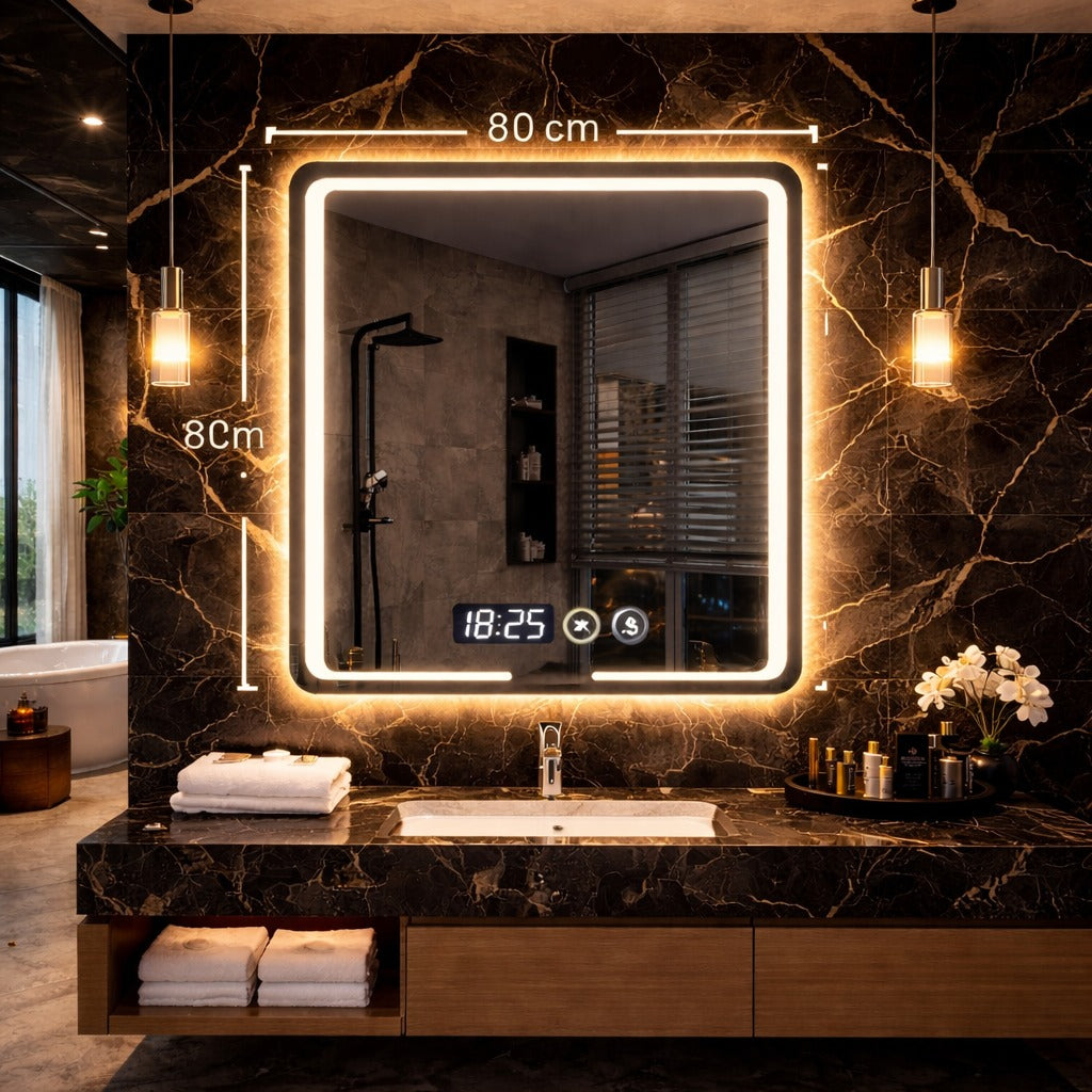 Oglindă LED premium 80x60, cu touch, ceas, dezaburire si lumina reglabila