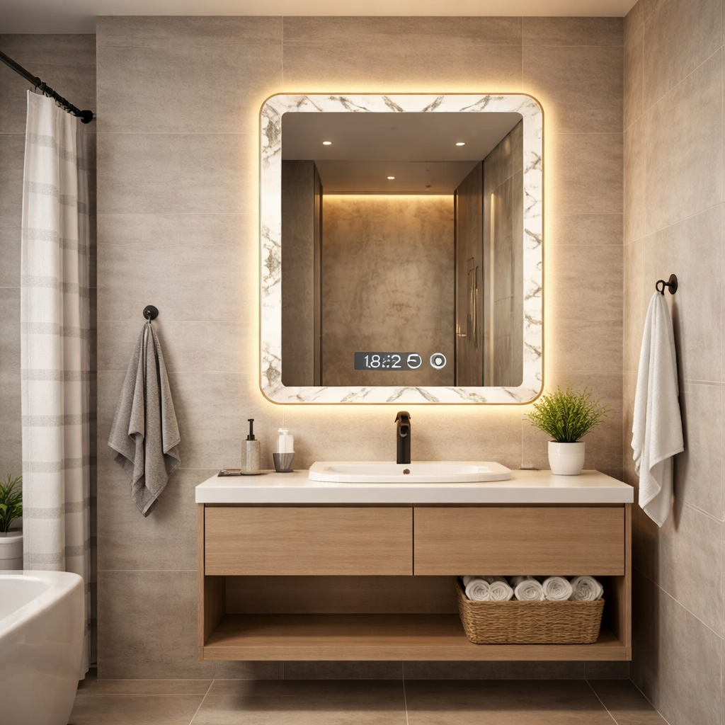 Oglindă LED, 80x60 cm, rama aspect marmura, iluminare calda, touch, dezaburire, ceas digital Imagine principală a produsului