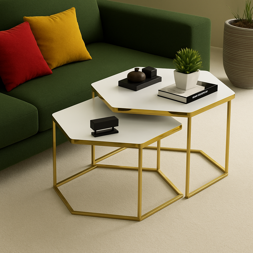 Set de 2 masute hexagonale, design Modern si Elegant cu Cadru Auriu si Blat Alb Imagine principală a produsului