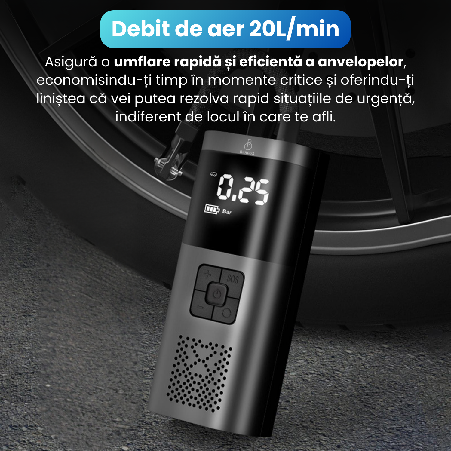 Compresor Auto Portabil, 3 in 1, Baterie 6000mAh Tip Powerbank