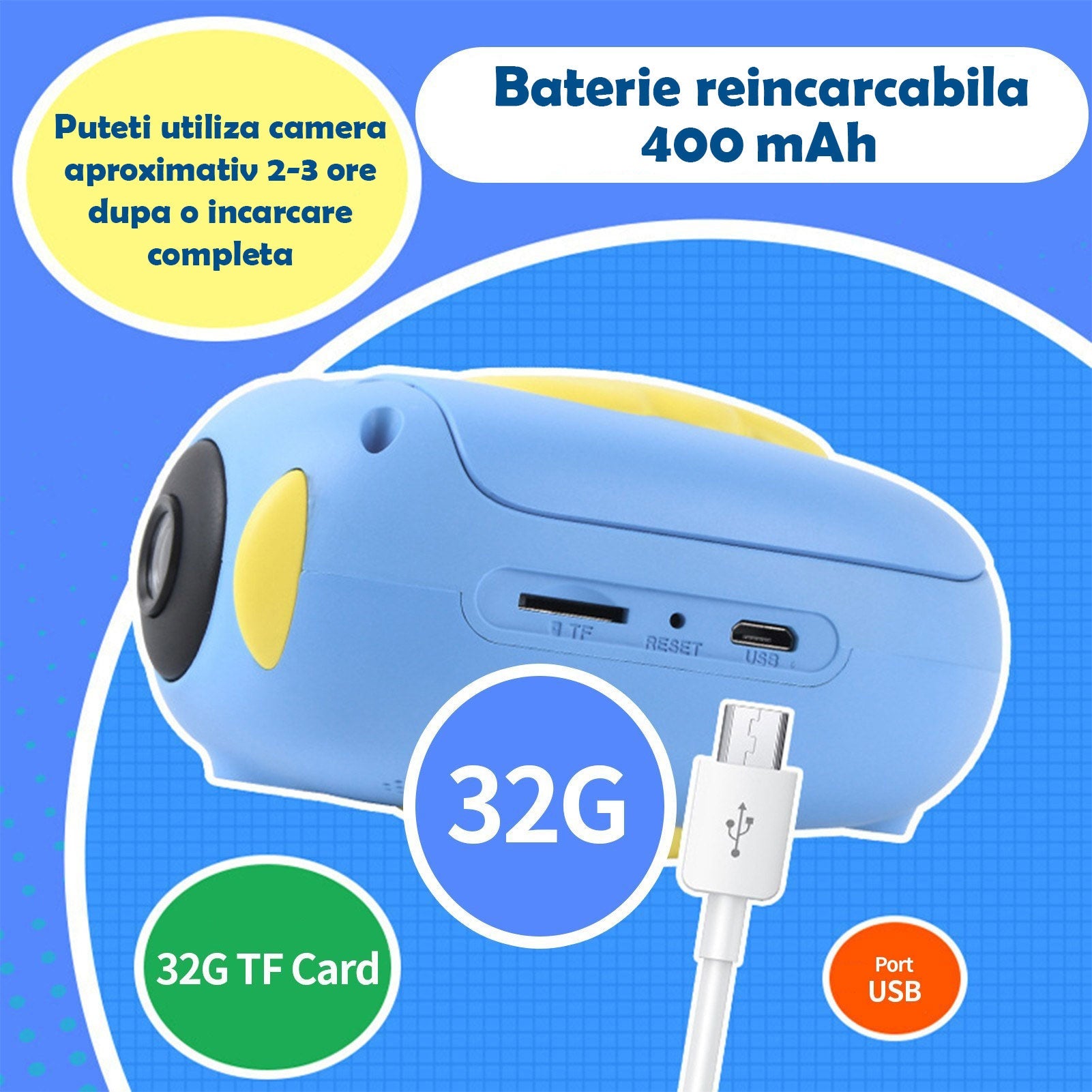 Camera video-foto digitala interactiva cu jocuri pentru copii, full-HD, ecran 2 inch