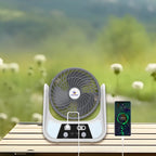 Ventilator cu incarcare solara, 15/20 cm, cu 2 becuri incluse, functie de powerbank, din ABS, cu USB, alb/gri