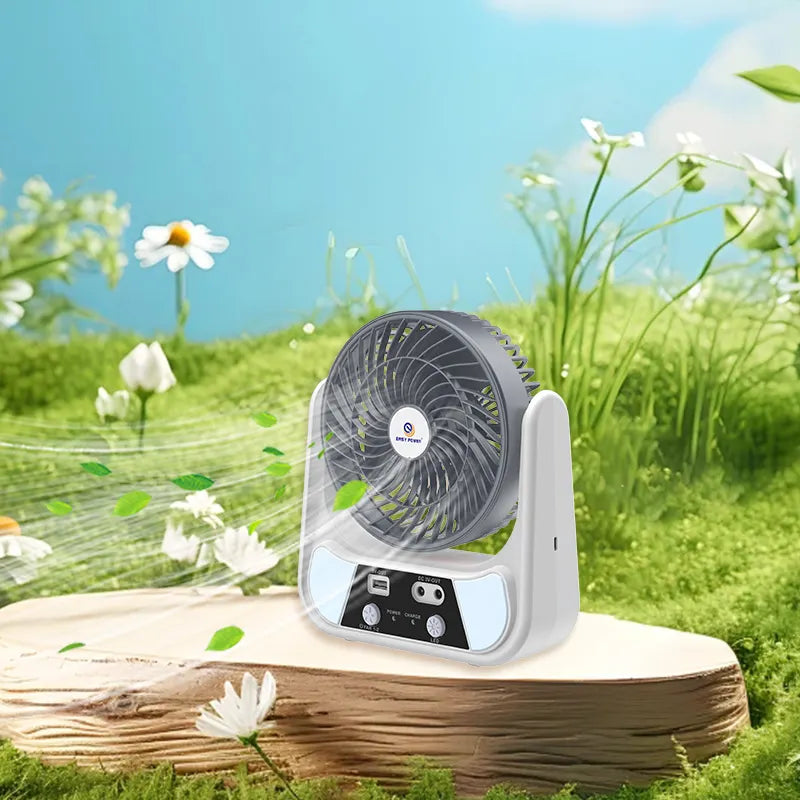 Ventilator cu incarcare solara, 15/20 cm, cu 2 becuri incluse, functie de powerbank, din ABS, cu USB, alb/gri Imagine principală a produsului