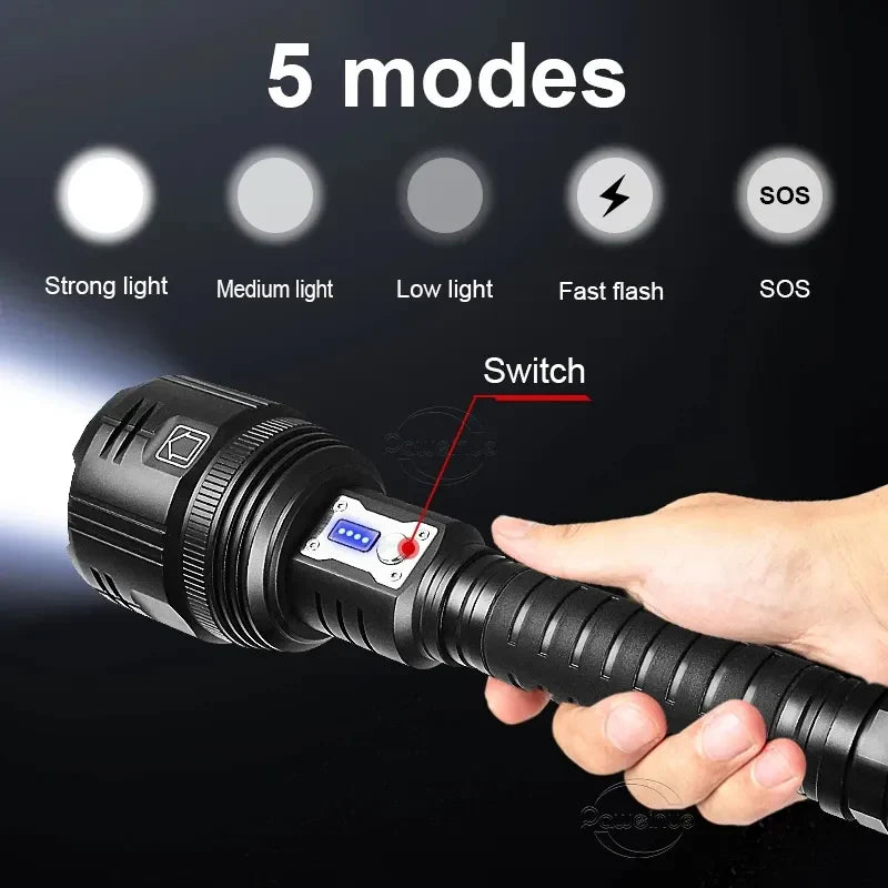 Lanterna profesionala LED XHP360, 5000 lumeni, 5 moduri luminare, Zoom, incarcare USB Imagine secundară a produsului