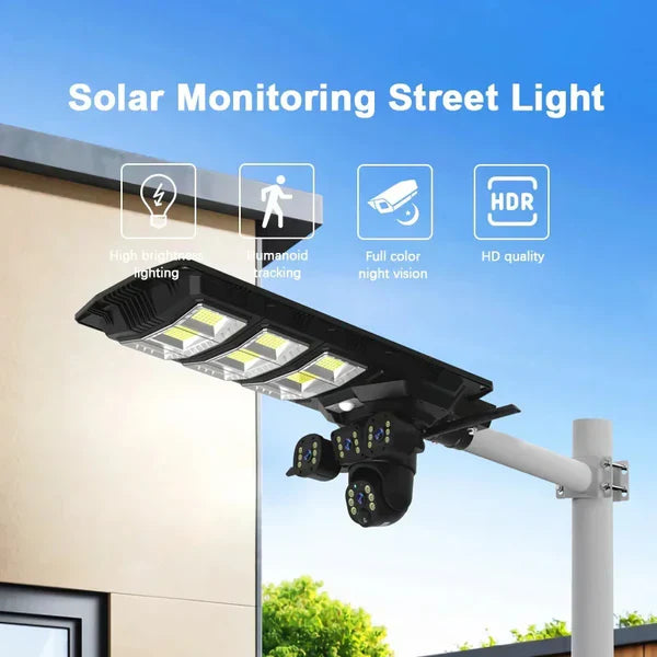 Lampă cu panou solar, 450 W, cu 3 camere supraveghere incorporate, slot sim, 4G, 12MP
