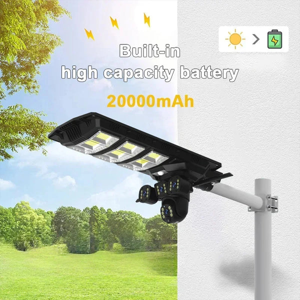 Lampă cu panou solar, 450 W, cu 3 camere supraveghere incorporate, slot sim, 4G, 12MP