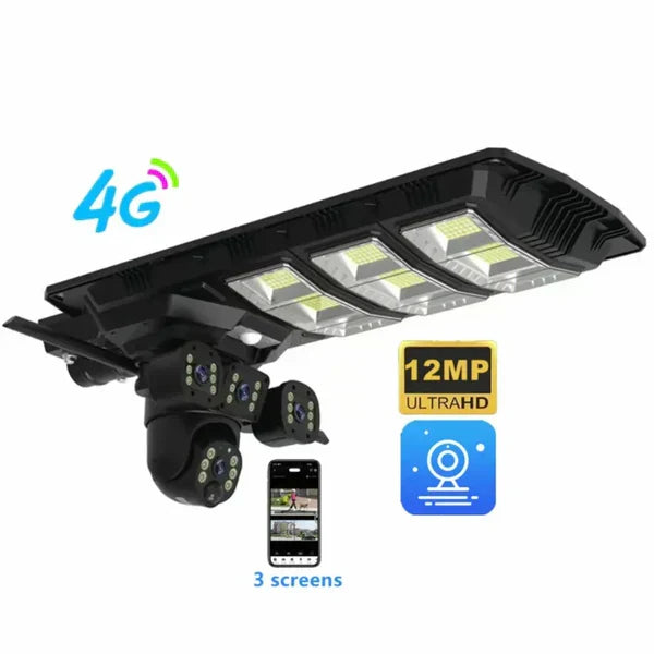 Lampă cu panou solar, 450 W, cu 3 camere supraveghere incorporate, slot sim, 4G, 12MP