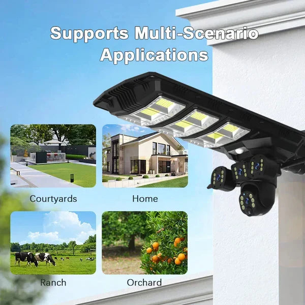 Lampă cu panou solar, 450 W, cu 3 camere supraveghere incorporate, slot sim, 4G, 12MP