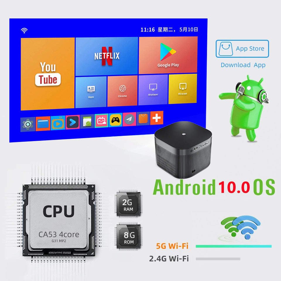 Proiector Smart Home Cinema, Android, Full HD 1080p, WIFI Dual Band, Bluetooth 4.0, Keystone, Boxe HiFi